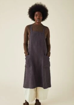 Check Linen Crossback Pinafore Apron | Navy/Chestnut -Falke Store HKITW02 3