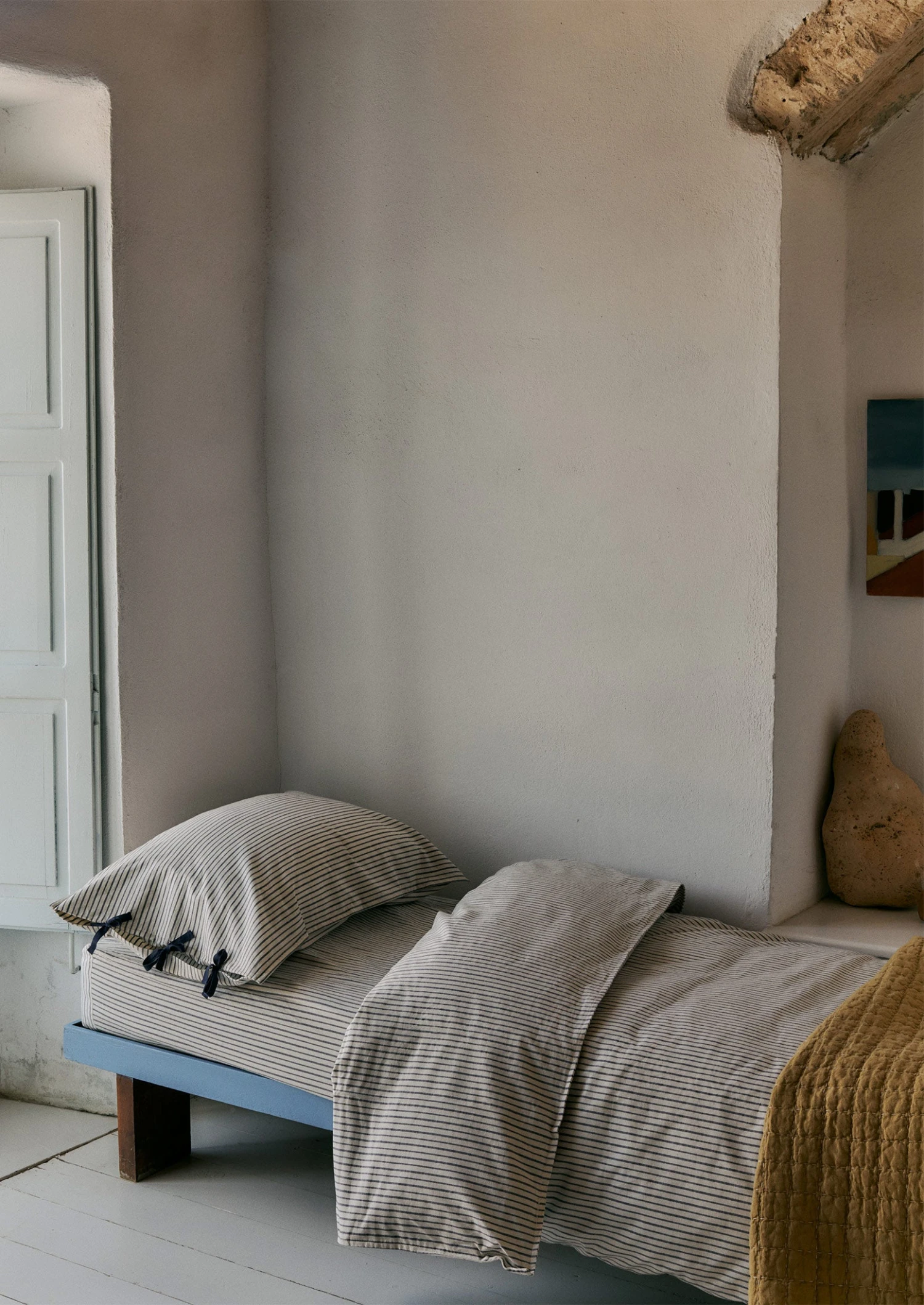 Organic Cotton Pyjama Stripe Duvet Cover | Navy/Ecru 4 Organic Cotton Pyjama Stripe Duvet Cover | Navy/Ecru - Image 2