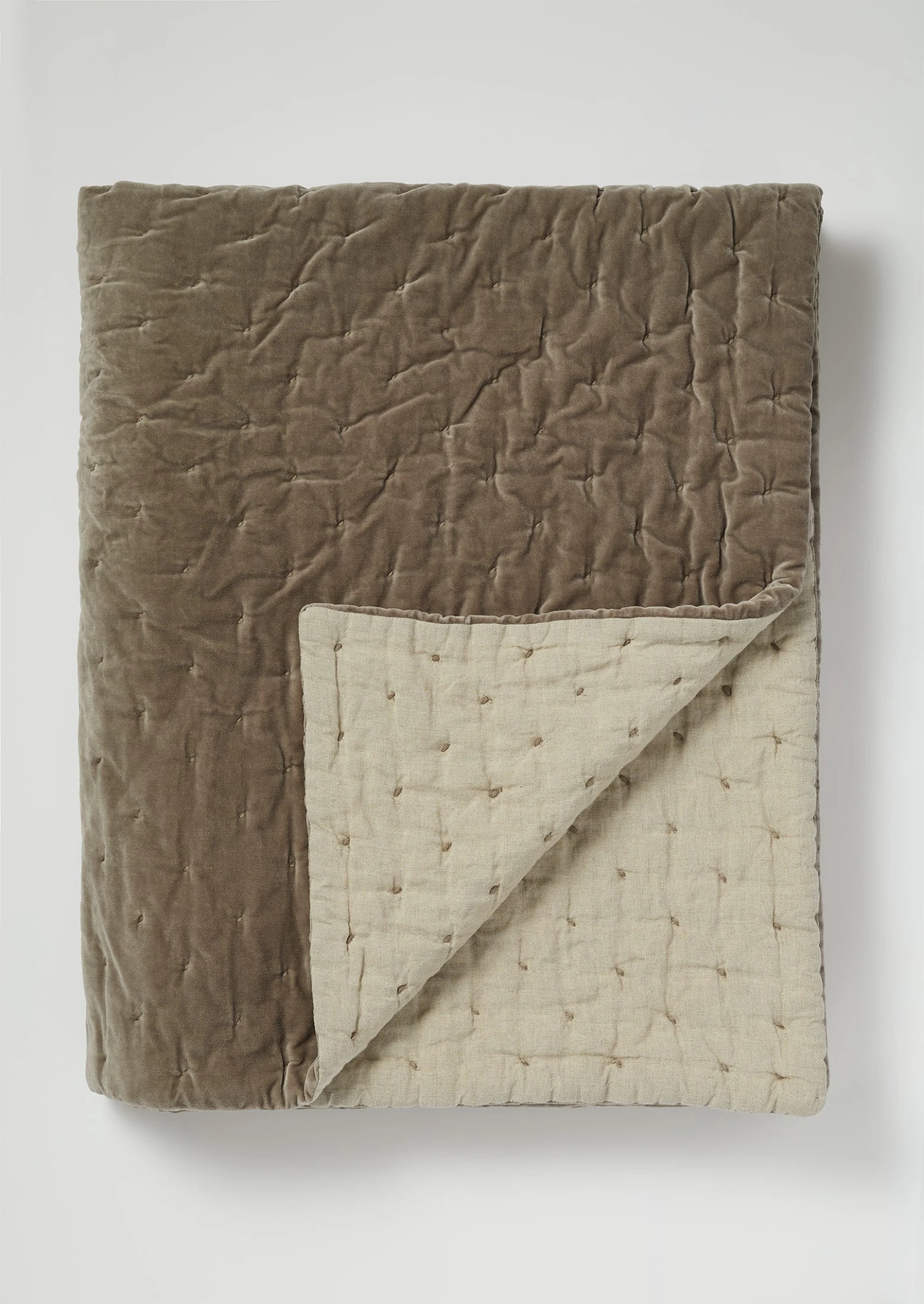 Hand Quilted Velvet Throw | Soft Mole/Natural 3 Hand Quilted Velvet Throw | Soft Mole/Natural