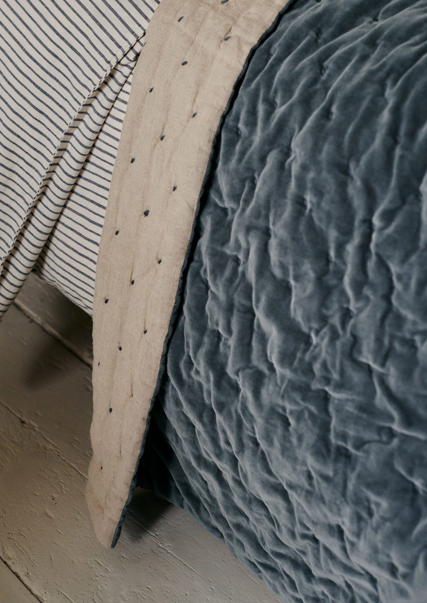 Hand Quilted Velvet Throw | Mineral Blue/Natural 4 Hand Quilted Velvet Throw | Mineral Blue/Natural - Image 2