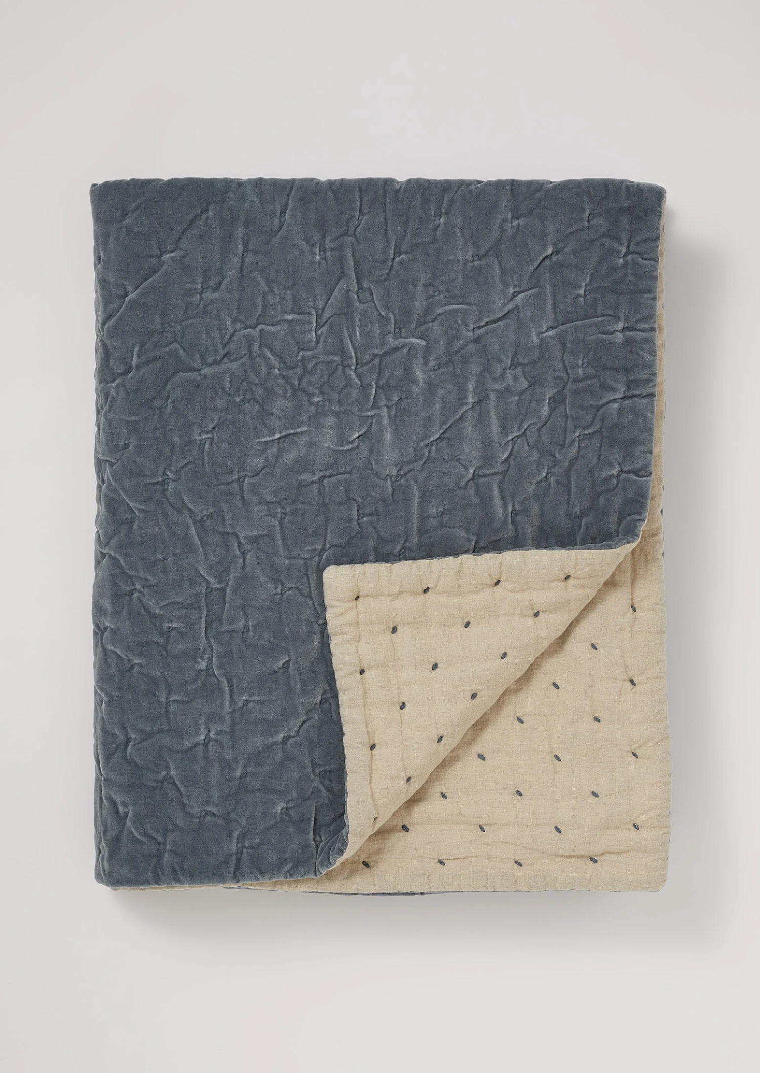 Hand Quilted Velvet Throw | Mineral Blue/Natural 3 Hand Quilted Velvet Throw | Mineral Blue/Natural