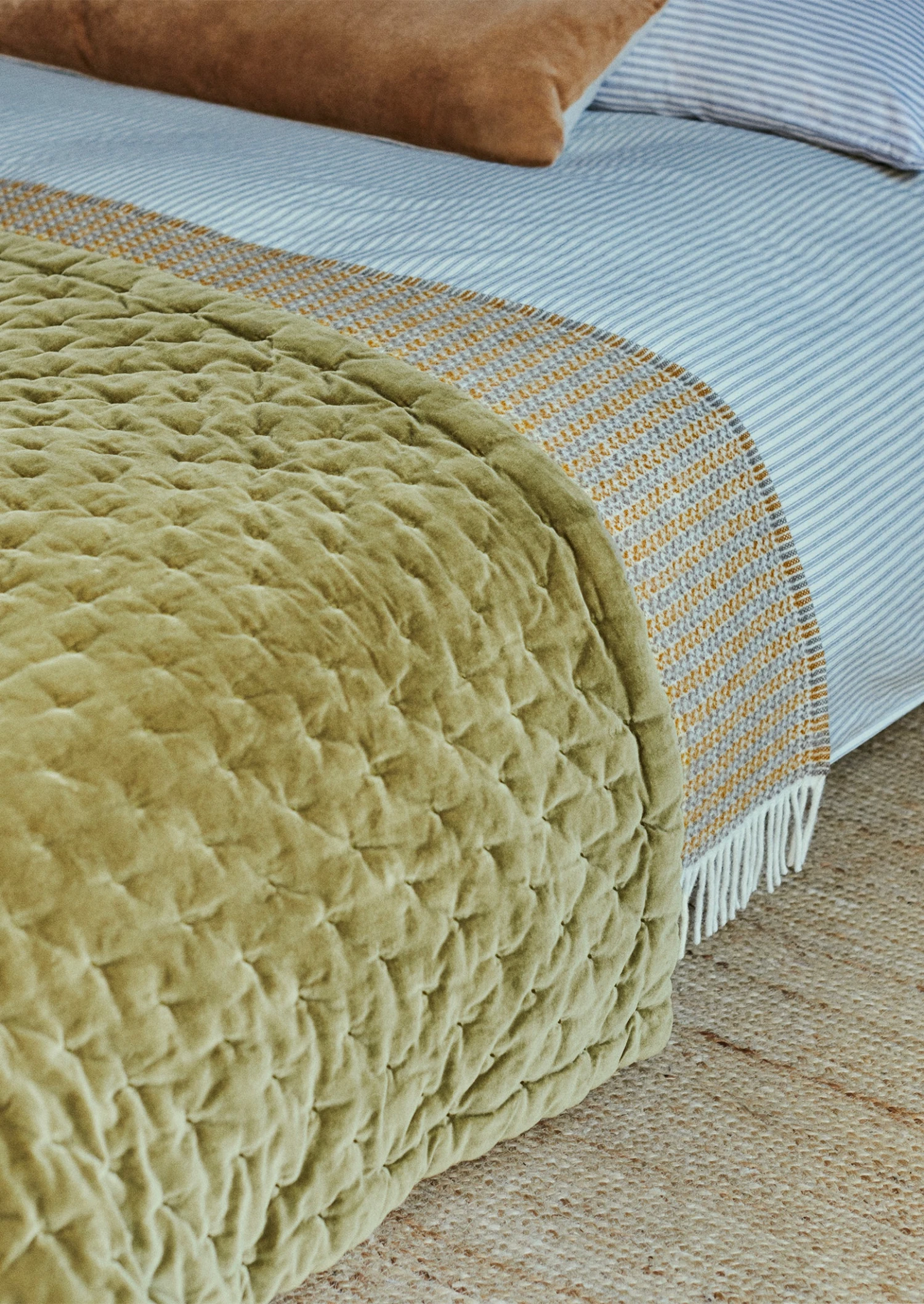 Hand Quilted Velvet Throw | Green Bark 4 Hand Quilted Velvet Throw | Green Bark - Image 2