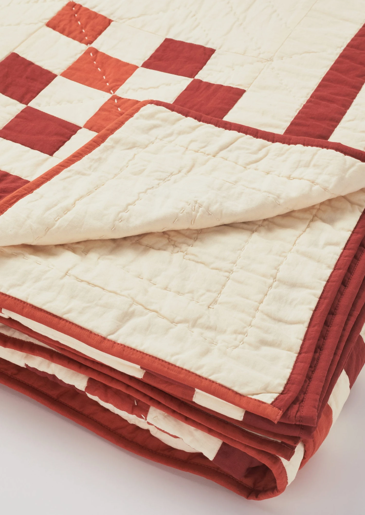 Geo Block Patchwork Cotton Quilt | Clay Red/Deep Coral 6 Geo Block Patchwork Cotton Quilt | Clay Red/Deep Coral - Image 4