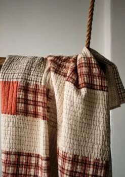 Patched Check Hand Woven Cotton Quilt | Ecru/Coral/Prune -Falke Store HTQTW02 2