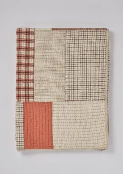 Patched Check Hand Woven Cotton Quilt | Ecru/Coral/Prune