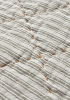 Large Organic Cotton Ticking Stripe Quilt | Soft Grey/Straw -Falke Store HTQTW16 3