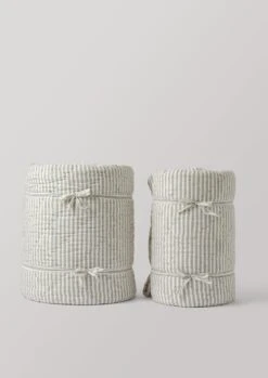 Large Organic Cotton Ticking Stripe Quilt | Soft Grey/Straw -Falke Store HTQTW16 4