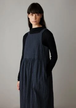 Gathered Waist Crinkled Cotton Pinafore Dress | Navy -Falke Store LDRTW08 2