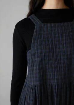 Gathered Waist Crinkled Cotton Pinafore Dress | Navy -Falke Store LDRTW08 3