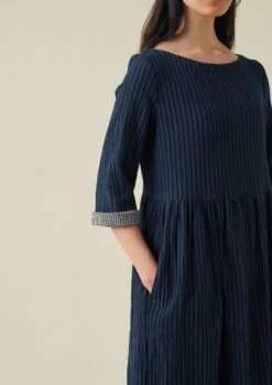 Freya Stripe Crinkle Cotton Dress | Navy -Falke Store LDRTW08 3 20446702 90d9 4bd1 b06d 88be2a27dca5