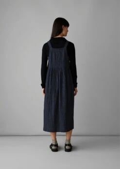 Gathered Waist Crinkled Cotton Pinafore Dress | Navy -Falke Store LDRTW08 4
