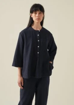 Brushed Cotton Linen Herringbone Shirt | Midnight 11 Brushed Cotton Linen Herringbone Shirt | Midnight -Falke Store LLTTW05 3