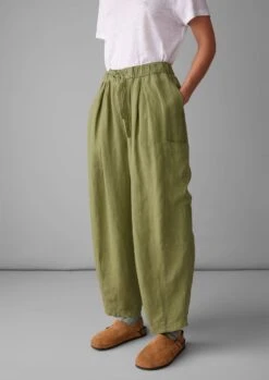 Side Pocket Garment Dyed Linen Trousers | Olive Oil -Falke Store LTRUS17 2