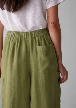 Side Pocket Garment Dyed Linen Trousers | Olive Oil -Falke Store LTRUS17 3