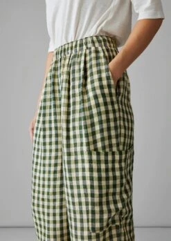 Gingham Linen Patch Pocket Trousers | Garden Green -Falke Store LTRUS19 3