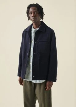 Indigo Textured Stripe Chore Jacket | Indigo -Falke Store MJKTW02 3
