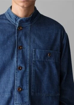 Grandad Collar Half Placket Denim Shirt | Indigo -Falke Store MWTTS08 2