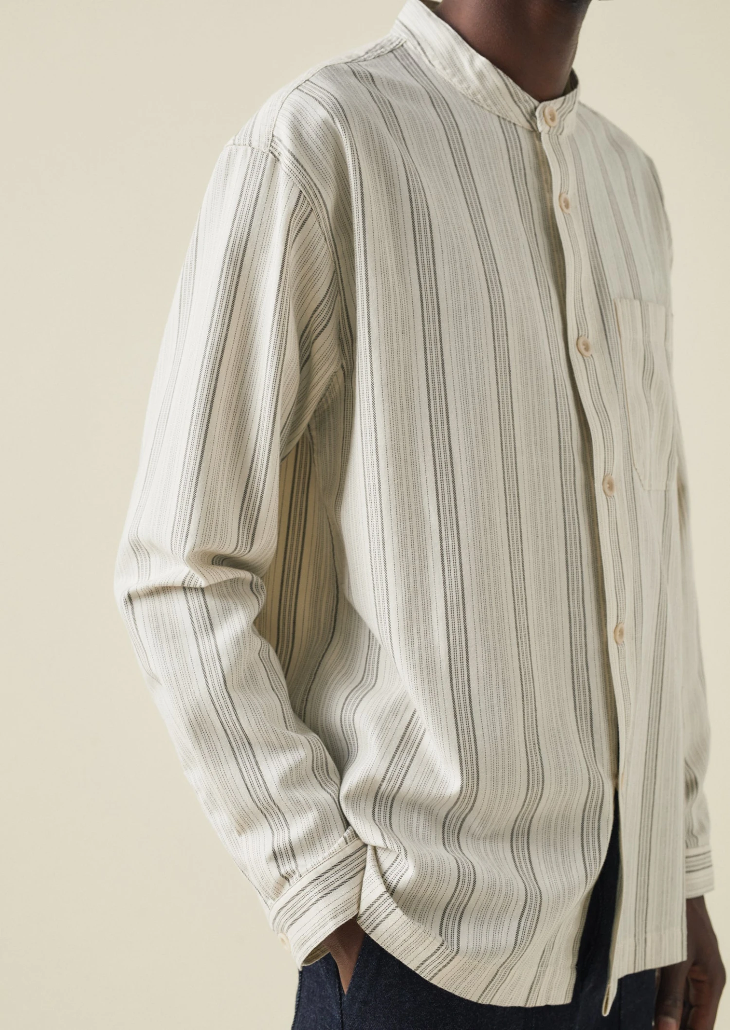 Grandad Collar Stripe Organic Cotton Shirt | Ecru/Khaki 4 Grandad Collar Stripe Organic Cotton Shirt | Ecru/Khaki - Image 2