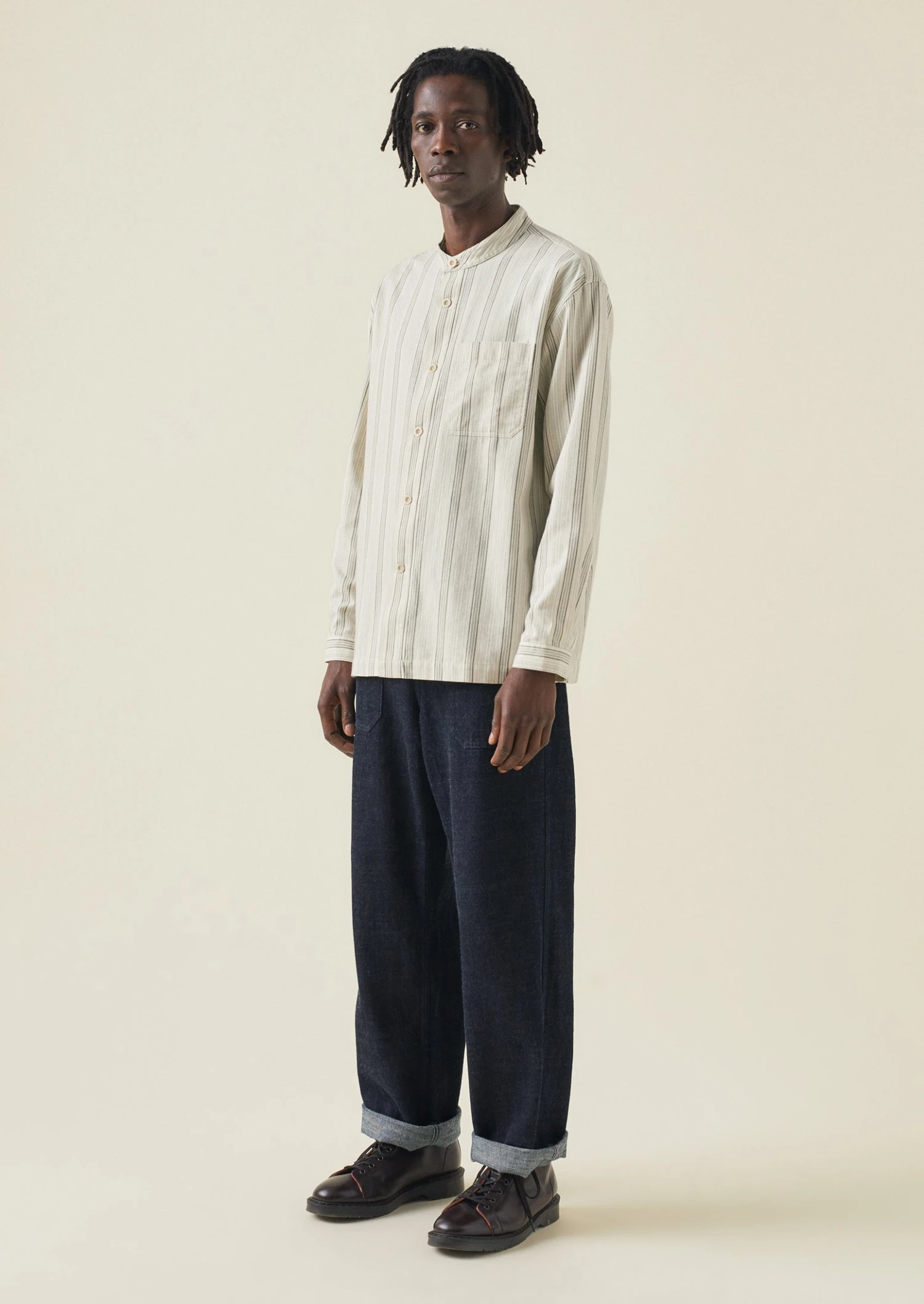Grandad Collar Stripe Organic Cotton Shirt | Ecru/Khaki 5 Grandad Collar Stripe Organic Cotton Shirt | Ecru/Khaki - Image 3