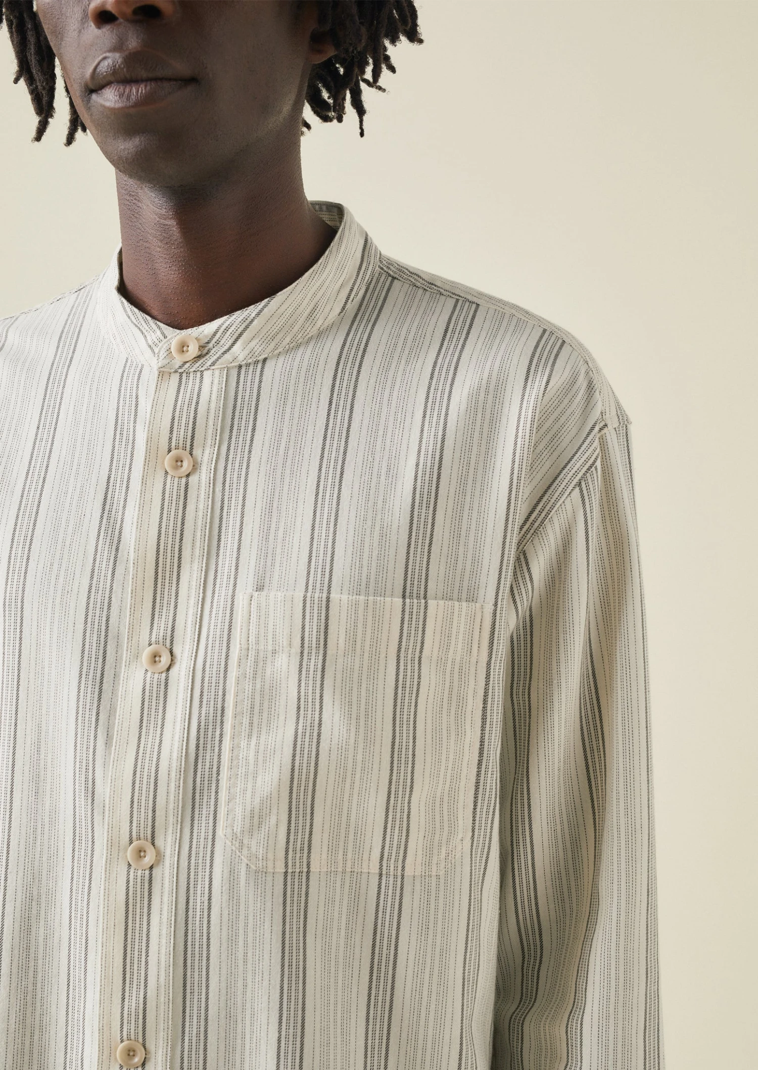 Grandad Collar Stripe Organic Cotton Shirt | Ecru/Khaki 6 Grandad Collar Stripe Organic Cotton Shirt | Ecru/Khaki - Image 4