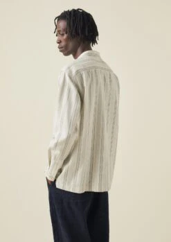 Grandad Collar Stripe Organic Cotton Shirt | Ecru/Khaki 12 Grandad Collar Stripe Organic Cotton Shirt | Ecru/Khaki -Falke Store MWTTW08 4