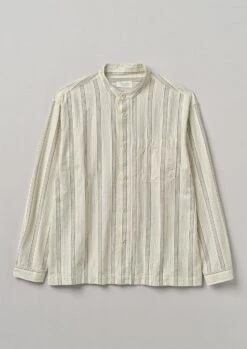 Grandad Collar Stripe Organic Cotton Shirt | Ecru/Khaki