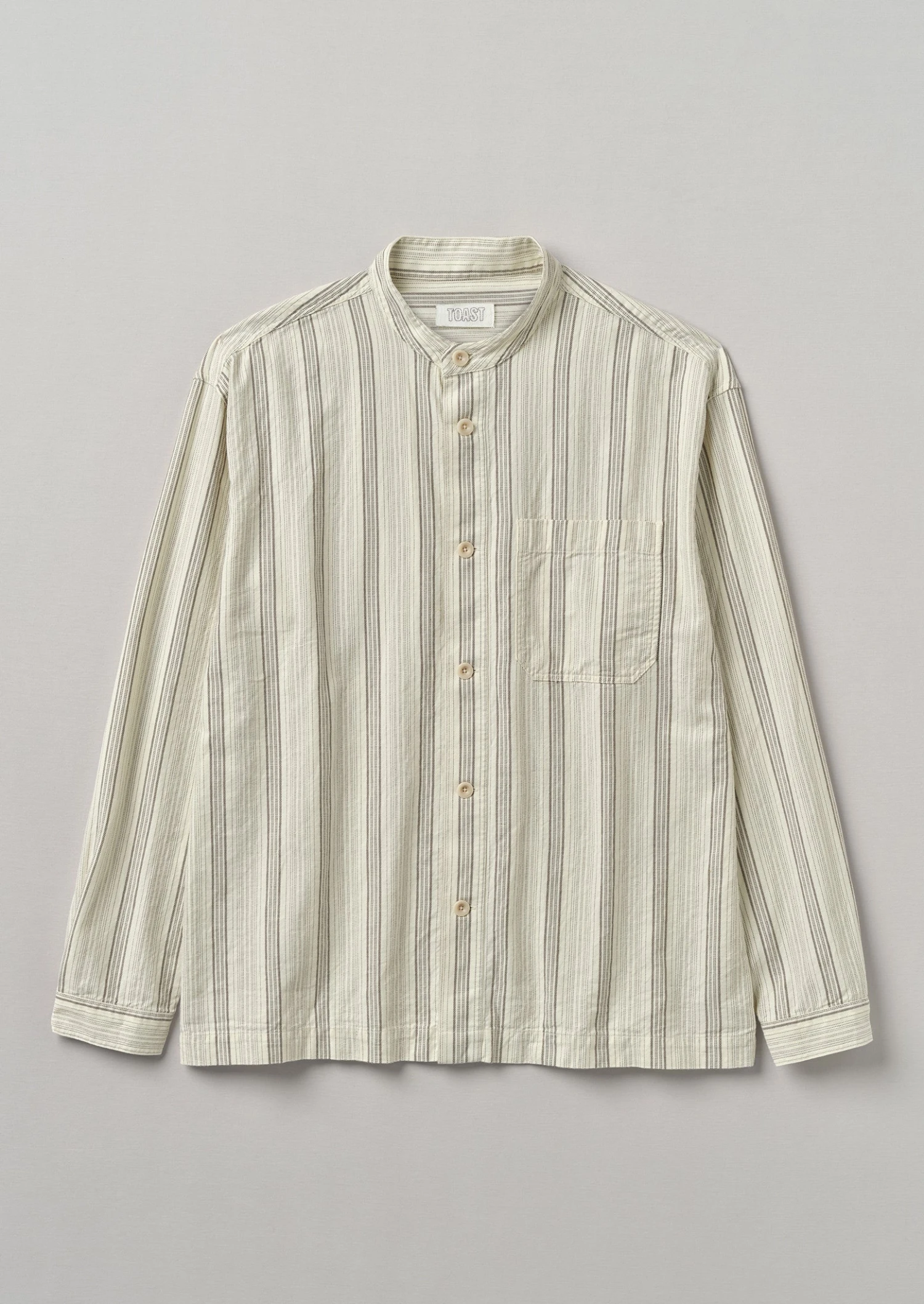 Grandad Collar Stripe Organic Cotton Shirt | Ecru/Khaki 3 Grandad Collar Stripe Organic Cotton Shirt | Ecru/Khaki
