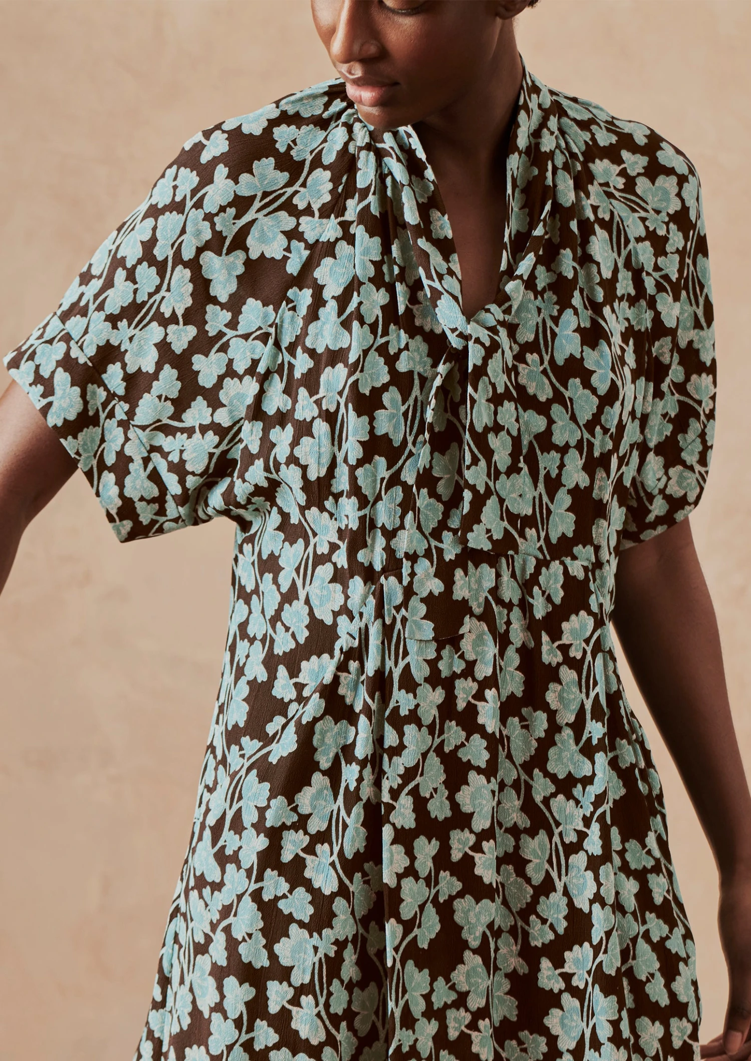 Bryn Tie Neck Etched Clover Dress | Flax Blue 4 Bryn Tie Neck Etched Clover Dress | Flax Blue - Image 2