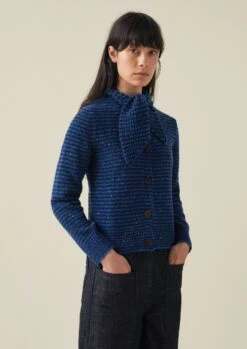 Tie Neck Stripe Donegal Cardigan | Blue Multi -Falke Store WKNTW18 8