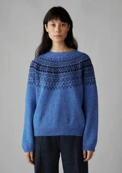 Fair Isle Yoke Wool Sweater | Cornflower/Navy -Falke Store WKNUS38 7