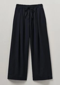 Cotton Wool Herringbone Pull On Trousers | Dark Navy