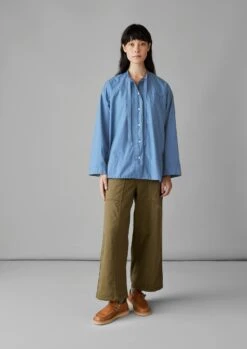 Tie Neck Cotton Poplin Shirt | Smock Blue -Falke Store WWTTS43 10