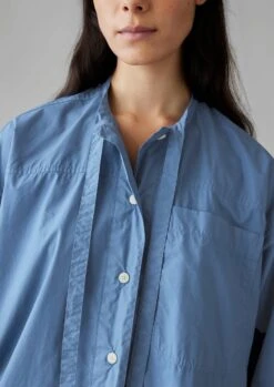 Tie Neck Cotton Poplin Shirt | Smock Blue -Falke Store WWTTS43 11