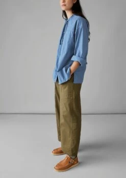 Tie Neck Cotton Poplin Shirt | Smock Blue -Falke Store WWTTS43 12