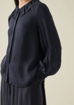 Ruffle Collar Crinkle Twill Shirt | Midnight -Falke Store WWTTW20 6