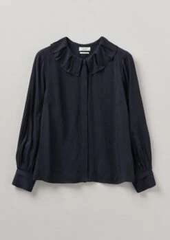 Ruffle Collar Crinkle Twill Shirt | Midnight