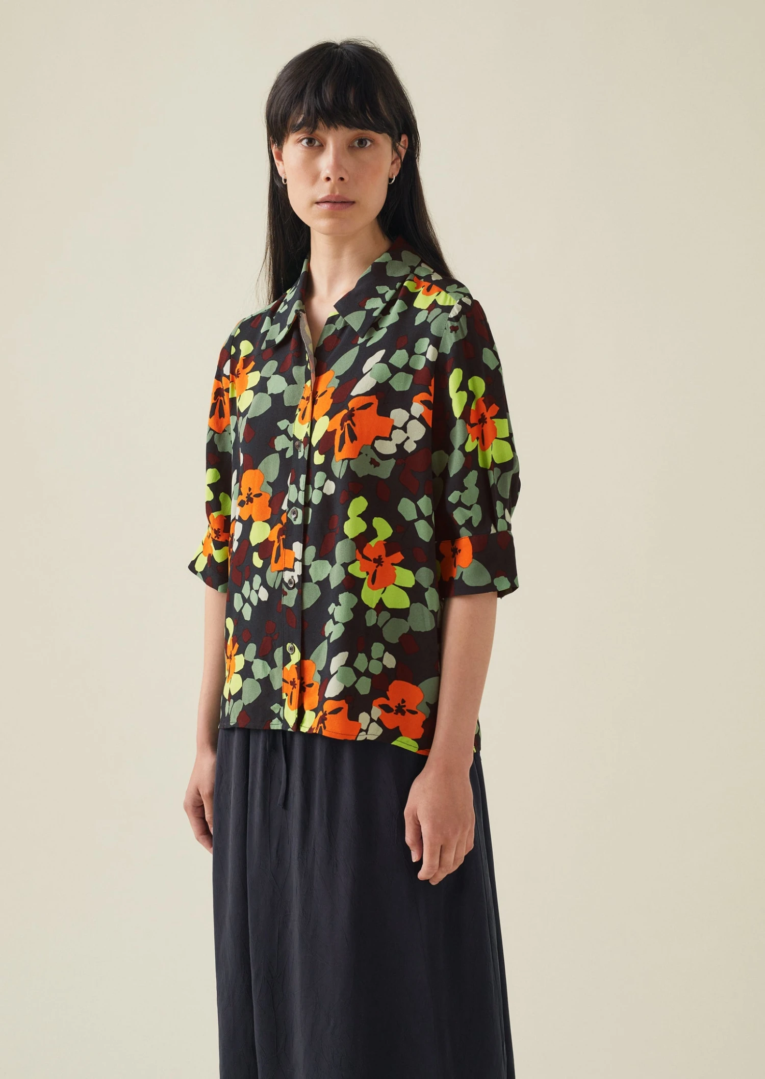 Harlequin Flower Print Crepe Shirt | Chrome Green 4 Harlequin Flower Print Crepe Shirt | Chrome Green - Image 2