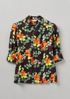Harlequin Flower Print Crepe Shirt | Chrome Green