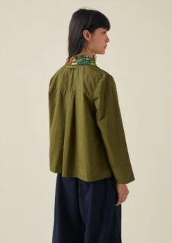 Hand Beaded Poplin PJ Shirt | Rich Olive -Falke Store WWTTW37 4