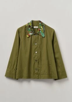 Hand Beaded Poplin PJ Shirt | Rich Olive